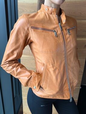 Jil Sander Orange Leather Zip-Front Leather Jacket
